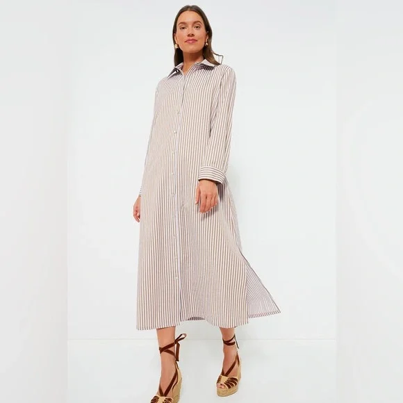 Tuckernuck Beige, Lilac, White Striped Midi Shirt Dress - Picture 2 of 8